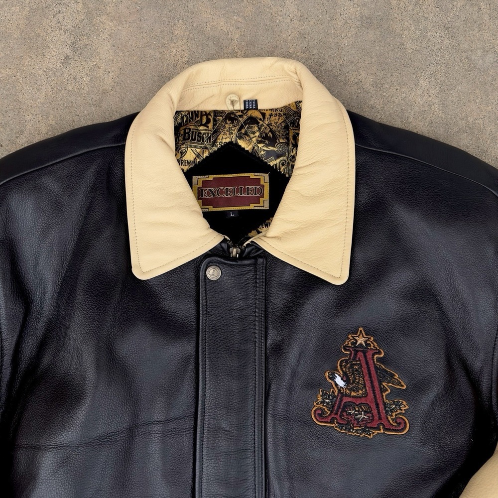 VTG Excelled Anheuser Busch Budweiser Leather Bomber Jacket Embroidered Men's L - Picture 5 of 16